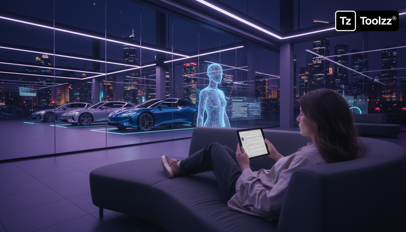 Guia rápido de IA para Redes Sociais para iniciantes em Automotivo — Concessionária de carros moderna com grandes janelas de vidro. Dentro, um cliente está sentado em um sofá confortável, olhando para