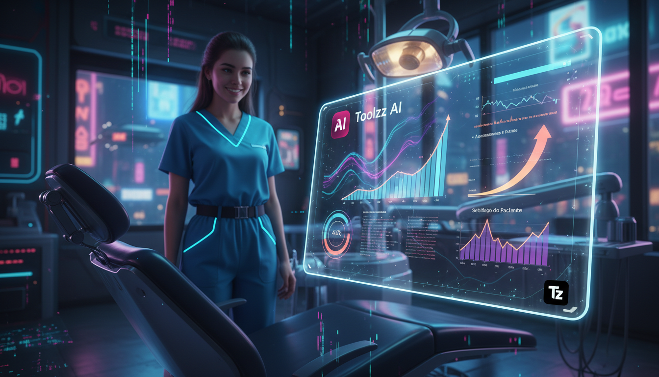 Guia rápido de Instagram Commerce IA para iniciantes em Odontologia — Ilustração de uma tela de tablet mostrando um painel de controle da Toolzz AI com dados analíticos do Instagram de uma clínica odo