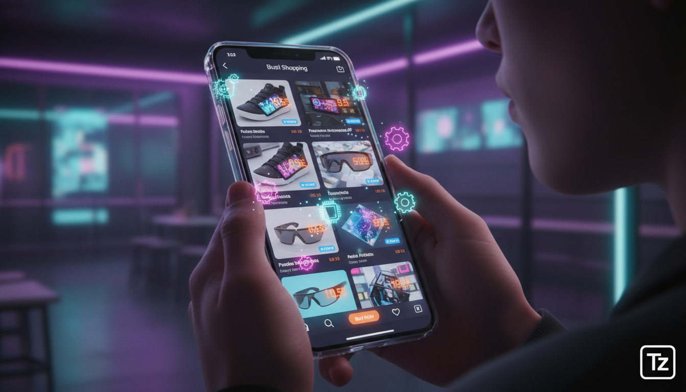 Guia rápido de vendas no Instagram com IA para iniciantes em 2026 — Close-up das mãos de uma pessoa navegando no Instagram Shopping em um smartphone. A tela exibe diversos produtos com etiquetas de pr