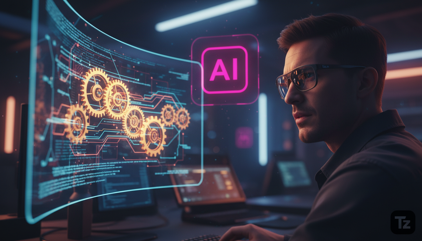 Habilidades para Agentes de IA: Lições para o Desenvolvimento — Um desenvolvedor de software, usando óculos, olha para uma tela onde linhas de código se transformam em engrenagens complexas e intercon