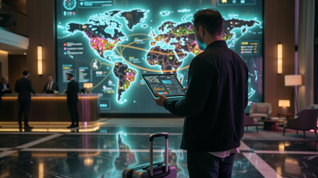 Hotelaria 2026: De 4 a 100+ Posts/Mês com IA — Um viajante moderno, em pé em frente a um grande mapa interativo em um saguão de hotel, usando um tablet para planejar sua rota. O mapa exibe dados sobre