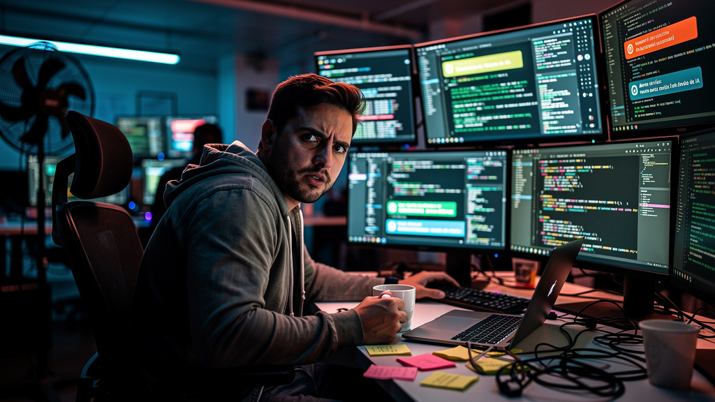 Human Approval em 2026 é a solução para a fadiga de supervisão no corporativo — Um profissional de TI, visivelmente exausto, sentado em frente a vários monitores exibindo linhas de código complexas e