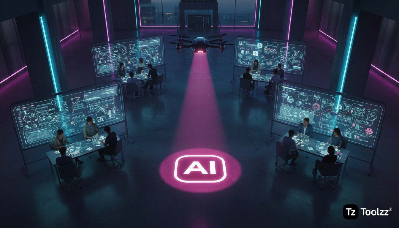 IA, Adaptabilidade e o Futuro do Trabalho: Reflexões Essenciais — Uma vista aérea de um escritório vibrante, com pequenas equipes (3-4 pessoas) trabalhando em projetos paralelos em diferentes cantos d