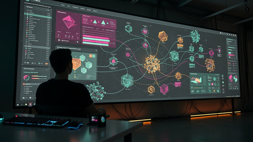 IA Agente: Autonomia, Produtividade e o Futuro do Trabalho — Um desenvolvedor, de costas para a câmera, observa uma tela gigante que exibe um complexo diagrama de fluxo de dados. A tela se estende par