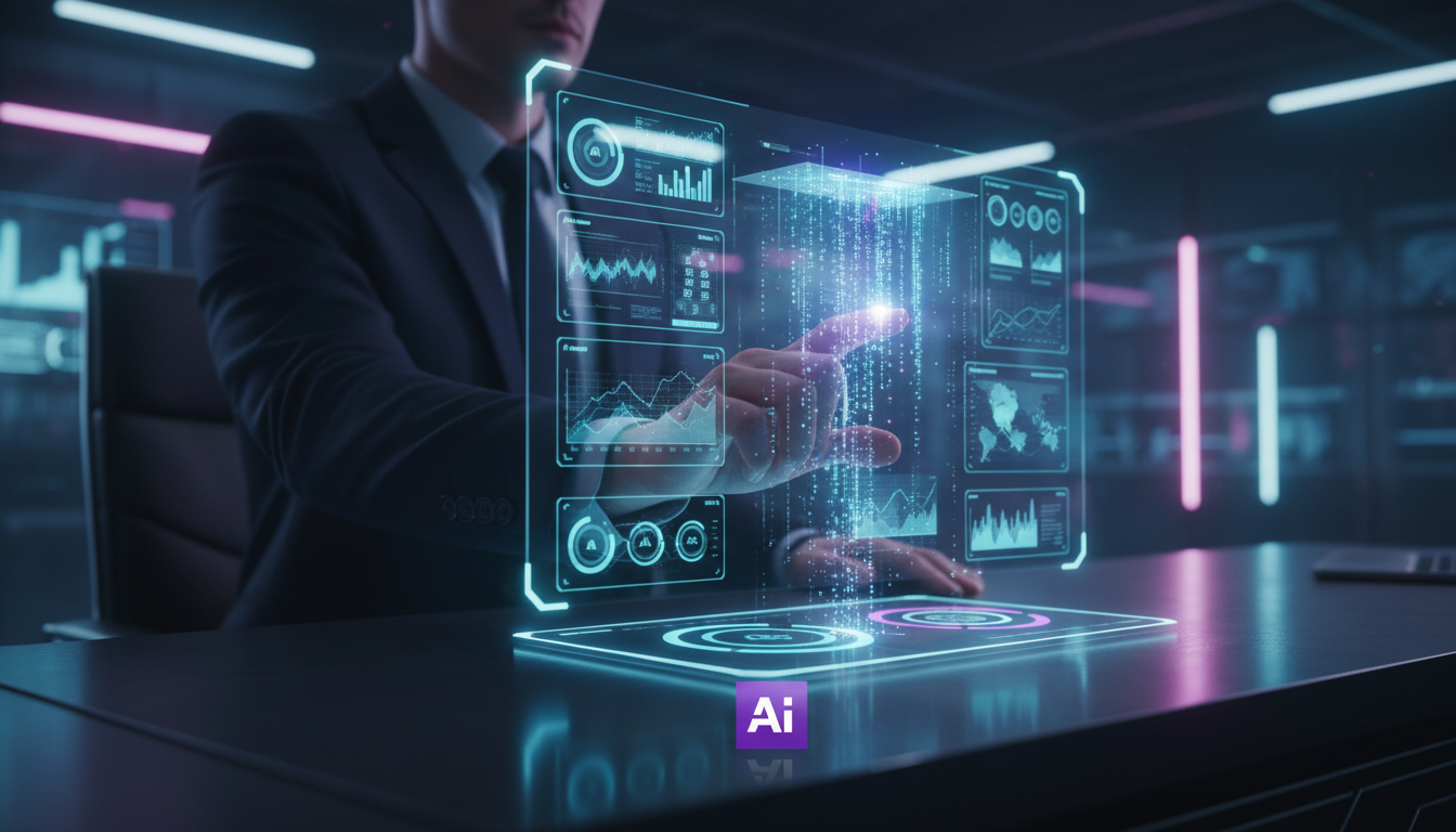 IA Agentes: Aumente a Produtividade da Sua Empresa — Close-up de um agente de IA como uma interface holográfica flutuando sobre a mesa de um executivo. A interface mostra dados de desempenho, gráficos