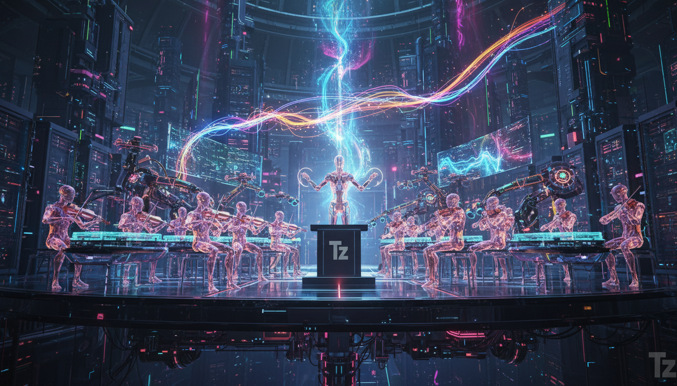 IA Agêntica: Automação Inteligente e Tendências para Empresas — Uma representação visual da IA agêntica como uma orquestra sinfônica, onde cada instrumento (agente de IA) representa um sistema diferen