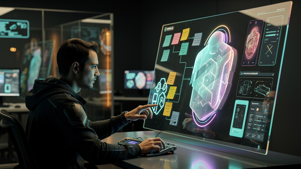 IA Agêntica: Como o Treinamento Transforma o Desempenho da sua Empresa — Um designer de produto interagindo com um agente de IA em uma interface que se assemelha a um quadro branco digital colaborativ