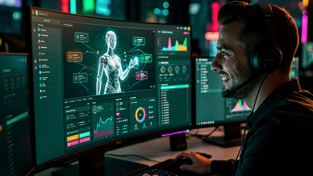IA Agêntica no Help Desk: Automação Inteligente — Close-up de um agente de suporte humano, com fones de ouvido, sorrindo enquanto observa um painel de controle com dados e gráficos de desempenho do he