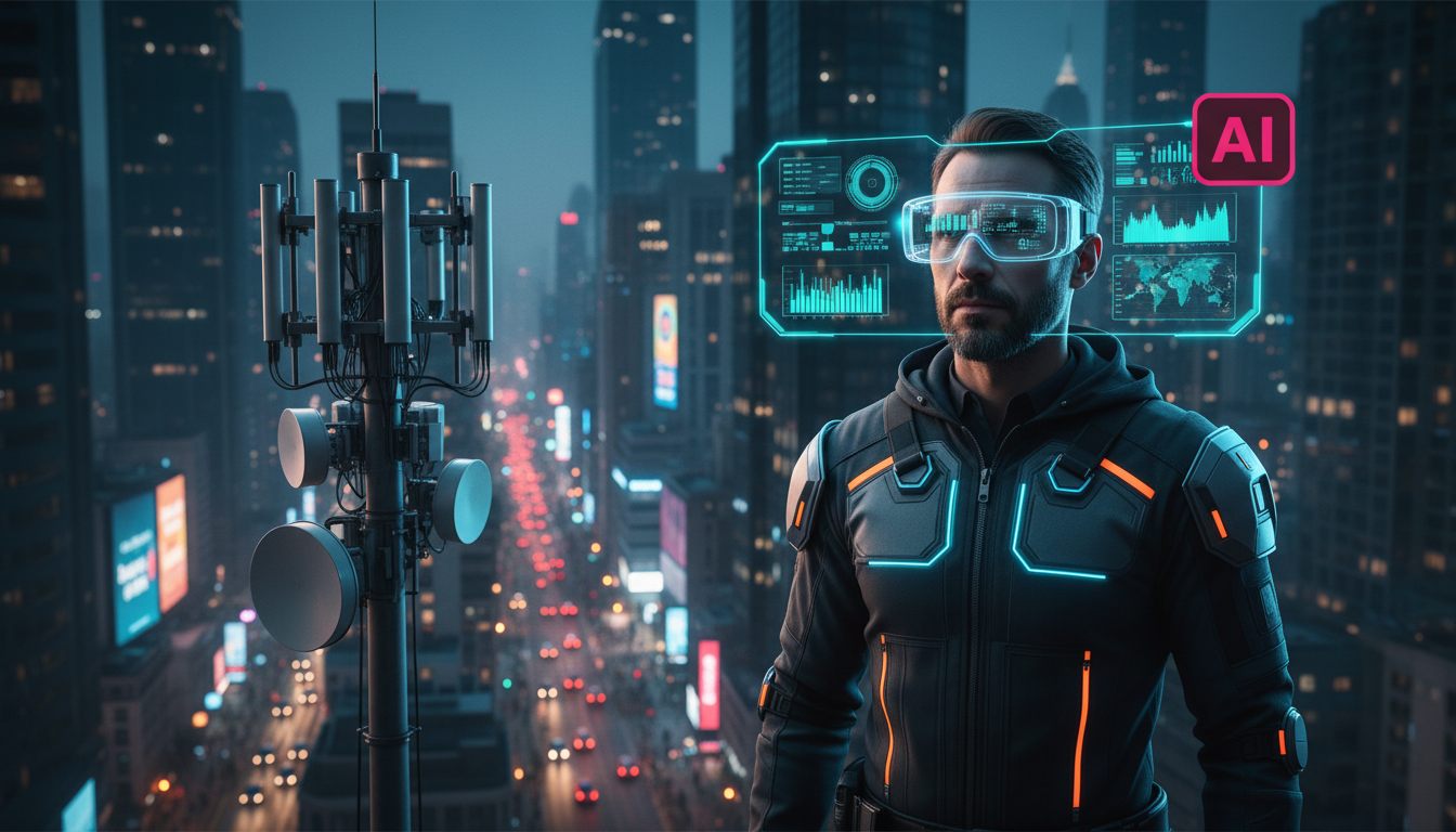 IA Agêntica: O Futuro da Autonomia em Redes de Telecomunicações — Um engenheiro de telecomunicações, usando óculos de realidade aumentada que exibem dados complexos de rede, em pé no topo de uma torre