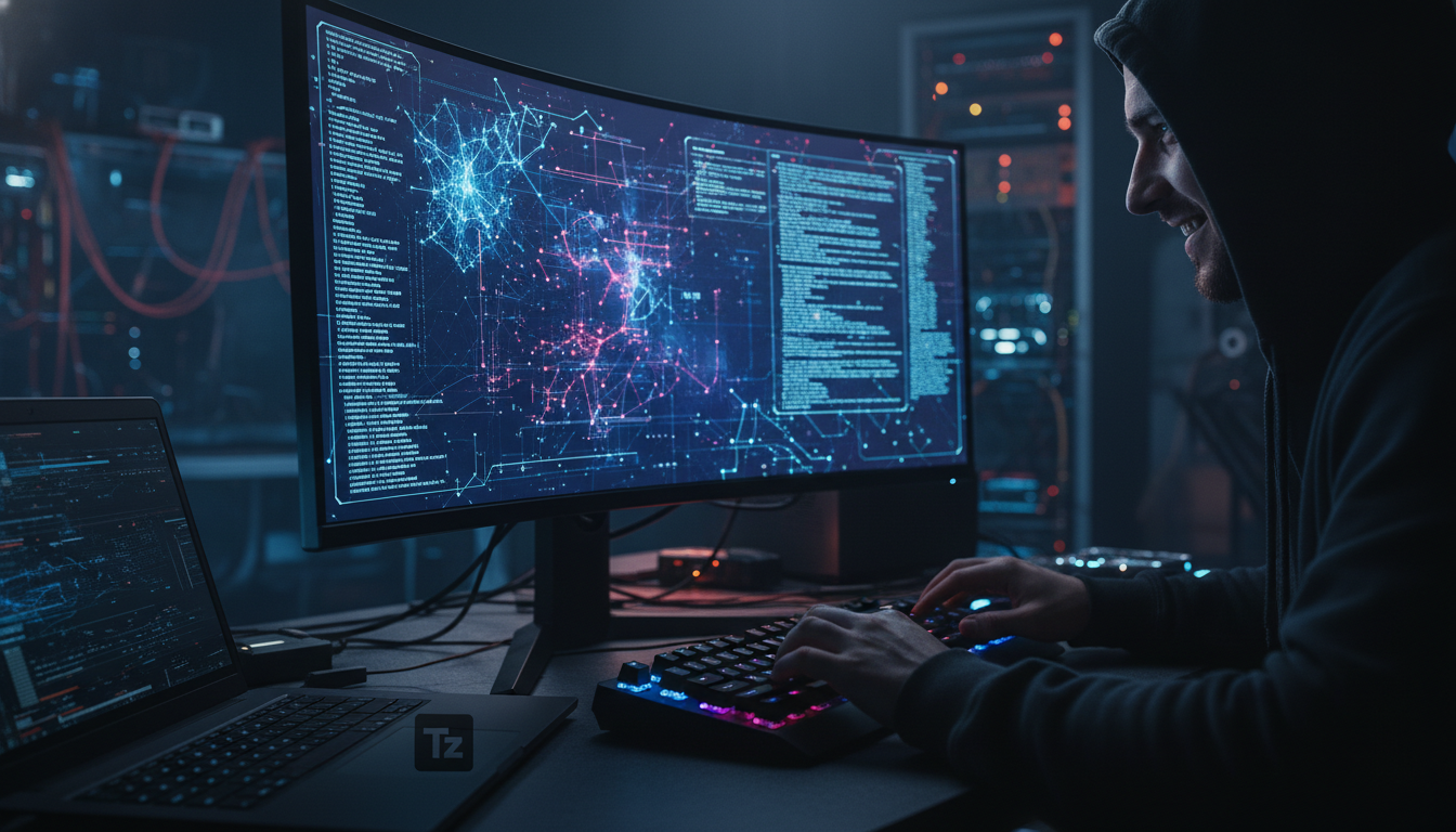 IA como Ferramenta de Ataque: A Nova Frente Cibernética — Visão em close-up de um hacker em um escritório escuro, iluminado apenas pela tela de um computador. A tela mostra um painel de controle de IA