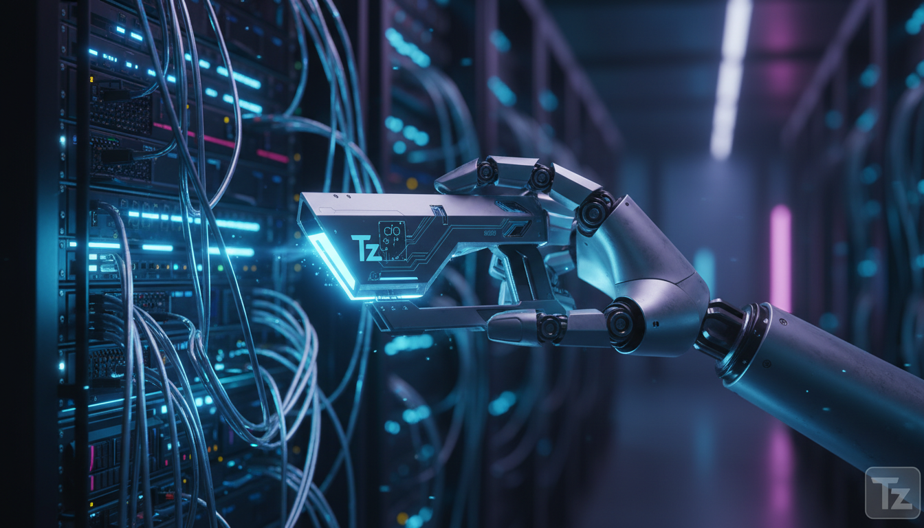 IA como Ferramenta de Ataque: Defenda sua Empresa — Visão em close-up de um braço robótico segurando uma ferramenta de hacking (ex: um scanner de vulnerabilidades estilizado) em frente a um servidor r