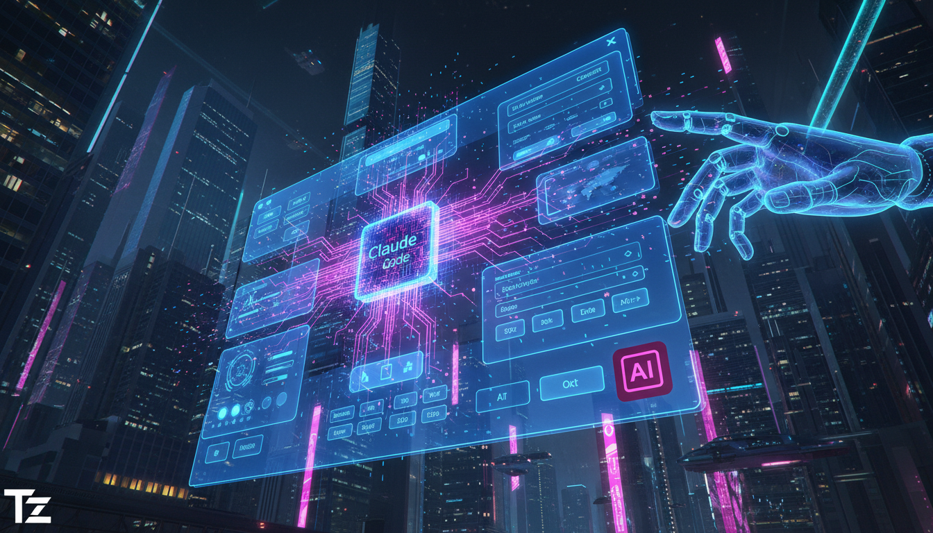 IA consistente: Ferramenta unifica design de interfaces com Claude Code — Create a high-end editorial illustration in a modern flat + gradient vector style. STYLE: Clean, geometric, semi-abstract hum