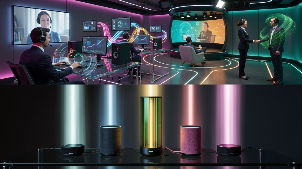 IA de Conversa por Voz: O Futuro do Atendimento e Vendas — Um diagrama infográfico dividido em duas partes (superior/inferior para carrossel). Parte superior: Uma representação visual de um funil de v