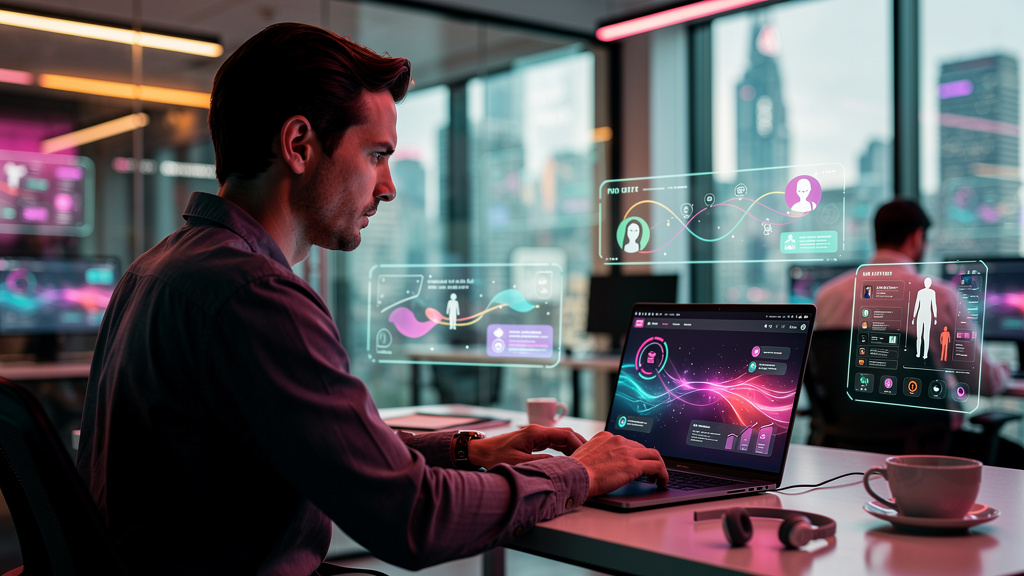 IA de CRM: O Guia Completo para Impulsionar suas Vendas — Um vendedor moderno trabalhando em um escritório bem iluminado, interagindo com um chatbot de IA em seu laptop. O chatbot está oferecendo insi