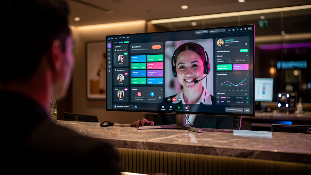 IA de CRM: O Guia Completo para Transformar seu Atendimento — Uma recepcionista de hotel, usando um fone de ouvido, sorrindo para um cliente através de uma tela de computador. A tela mostra um painel
