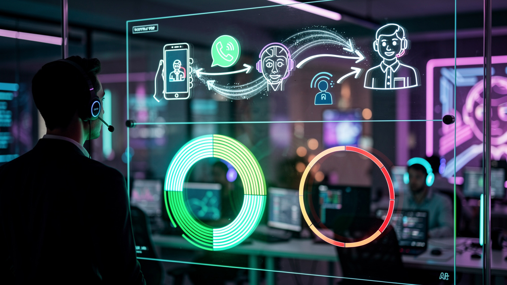 IA de Ligação: O Futuro do Atendimento e Vendas — Um diagrama infográfico em duas partes para Instagram. Parte superior: um fluxograma mostrando um cliente ligando para uma empresa. A chamada é automa