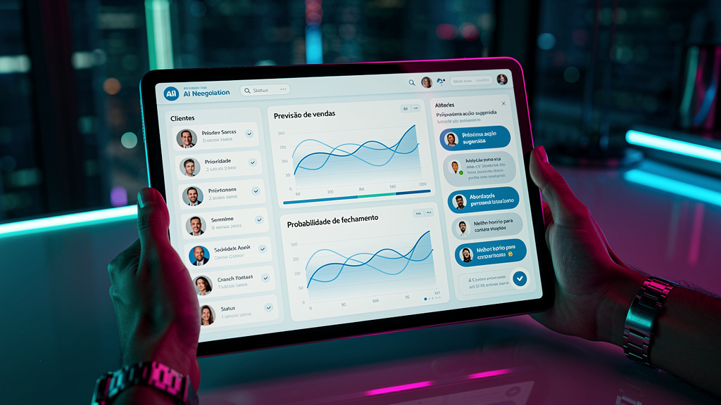 IA de Negociação: Automatize e Maximize suas Vendas — Um close-up em uma tela de tablet mostrando uma interface de usuário de um sistema de IA de negociação. A tela exibe dados de clientes, previsões 