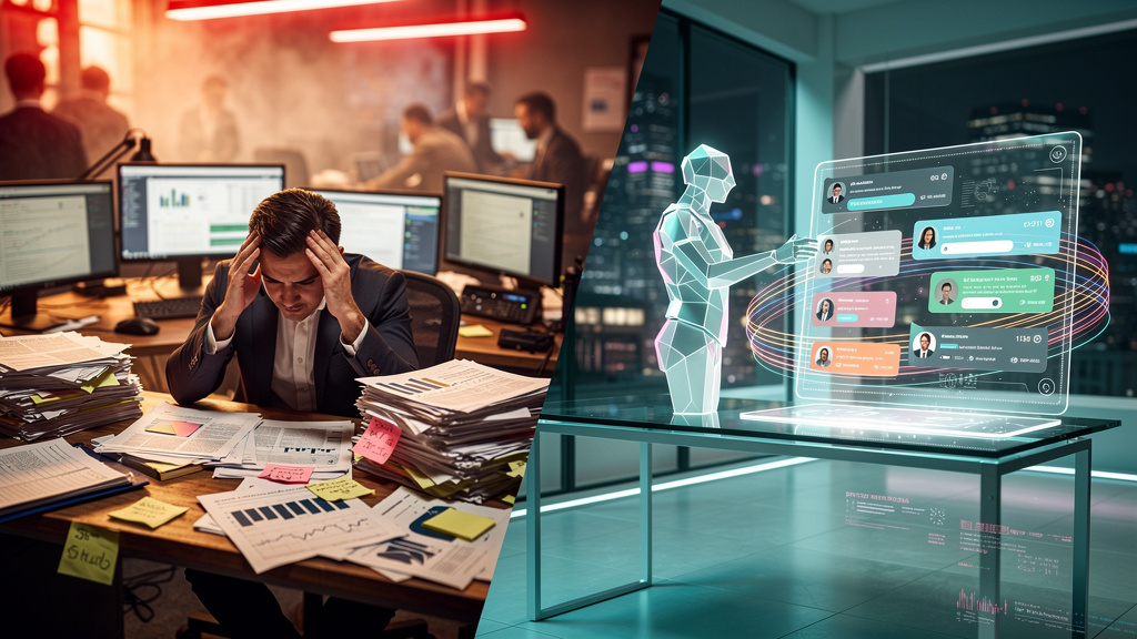 IA de Negociação: Como a Inteligência Artificial Fecha Mais Vendas — Uma tela dividida mostrando, de um lado, um vendedor humano sobrecarregado com pilhas de papéis e planilhas complexas, expressando 
