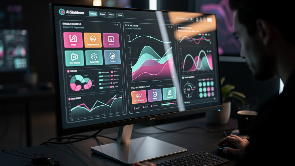 IA de Negociação: Como Automatizar e Aumentar suas Vendas — Um close-up estilizado de uma tela de computador mostrando um dashboard de IA de negociação em ação. Gráficos de desempenho em tempo real, p