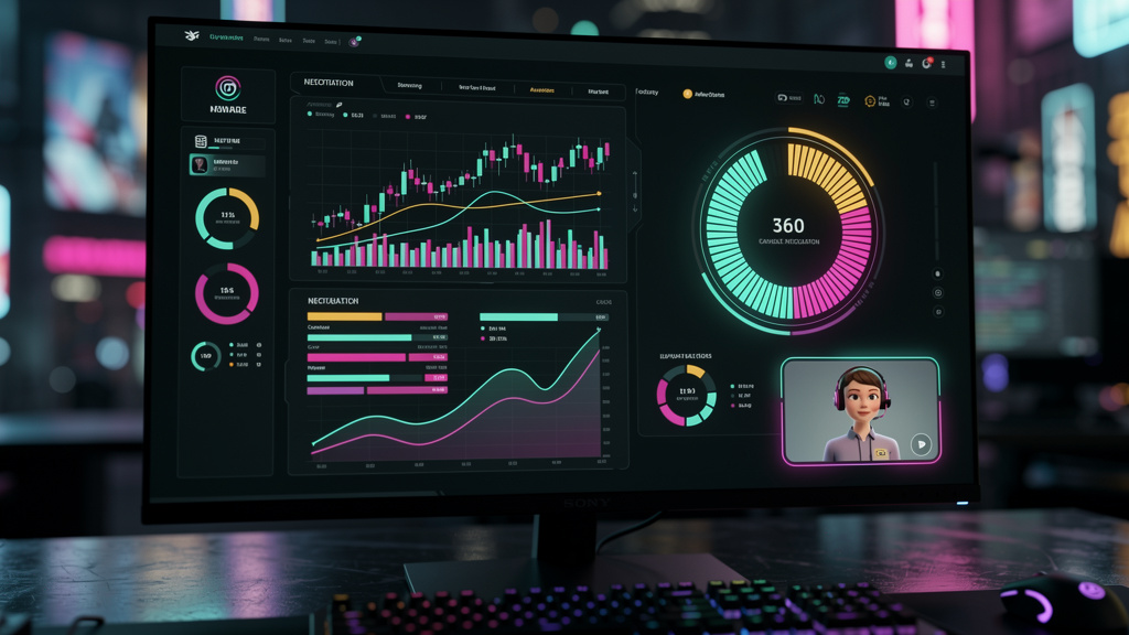 IA de Negociação: Como o Agente Closer da Toolzz Fecha Vendas Sozinho — Um close-up de uma tela de computador mostrando uma interface de negociação automatizada. Gráficos e dados em tempo real são exi