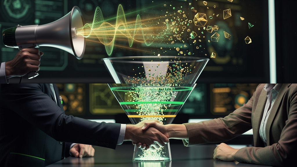 IA de Voz e Automação: Revolucionando a Eficiência Empresarial com Toolzz Voice — Um diagrama visual representando um funil de vendas. No topo do funil, um megafone estilizado converte a voz de um cli