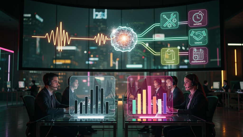 IA de Voz no Atendimento: O Futuro da Sua Central — Um diagrama infográfico dividido em duas partes (superior/inferior para carrossel). Parte superior: Fluxograma mostrando uma chamada telefônica entr