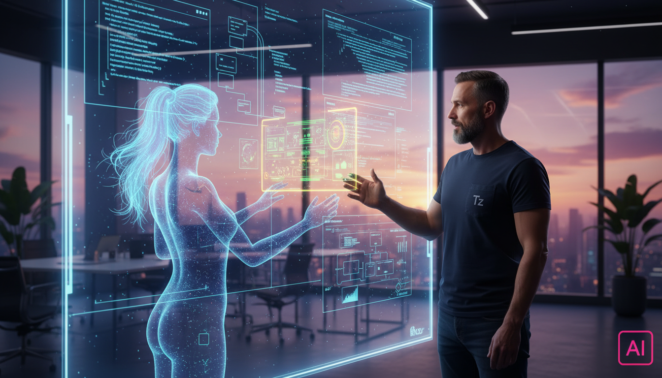 IA e a Codificação: Encontrando o Equilíbrio entre Automação e Habilidade Humana — Um desenvolvedor sênior, vestindo uma camisa com um pequeno logo da Toolzz, está em frente a um quadro branco coberto