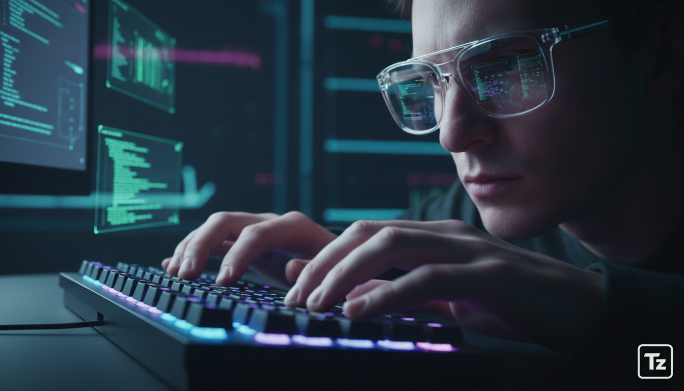 IA e a Próxima Geração de Bilionários: Como a Automação Moldará o Futuro — Um close-up das mãos de um programador digitando rapidamente em um teclado. O reflexo da tela do computador nos óculos mostra