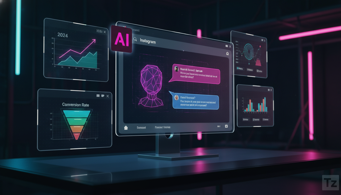 IA é a solução para vendas no Instagram em 2024 — Uma tela de computador mostrando uma interface de gerenciamento de Instagram com várias janelas abertas. Em uma das janelas, um chatbot da Toolzz AI r