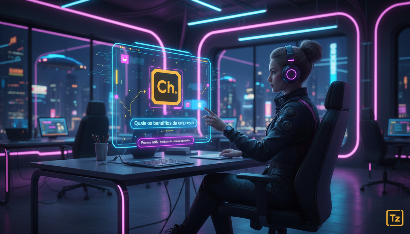 IA e Agentes Inteligentes: O Futuro da Educação Corporativa — Um chatbot da Toolzz respondendo a perguntas de um funcionário sobre os benefícios da empresa em uma interface amigável. O chatbot exibe o