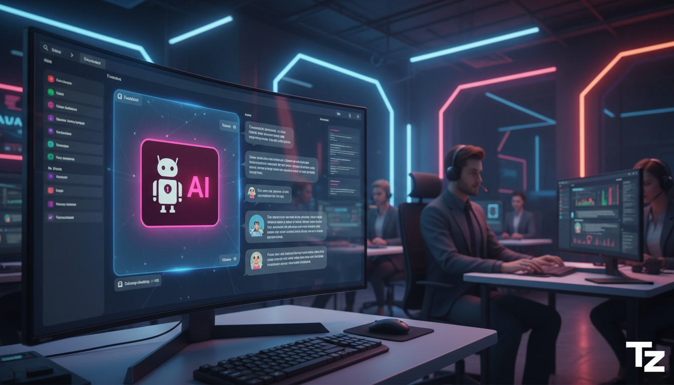 IA e Agentes Virtuais: Transformando o Atendimento ao Cliente — Um escritório moderno e movimentado, com agentes de atendimento ao cliente trabalhando em seus computadores. Em primeiro plano, uma tela
