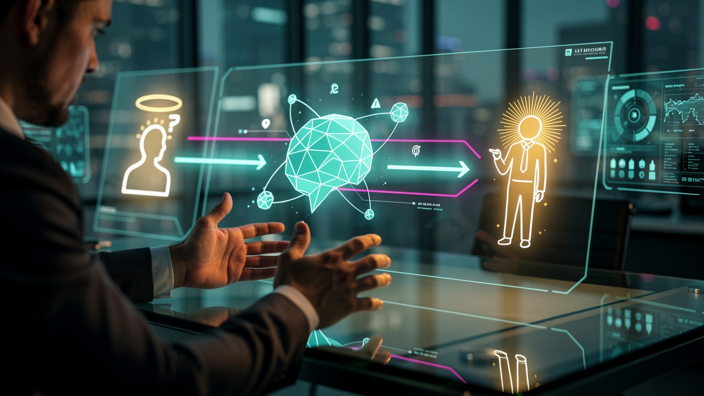 IA e Automação: Como Chatbots No-Code Impulsionam Empresas — Um diagrama visual em estilo blueprint, mostrando um fluxo de trabalho simplificado. No início do fluxo, um ícone representando um cliente 