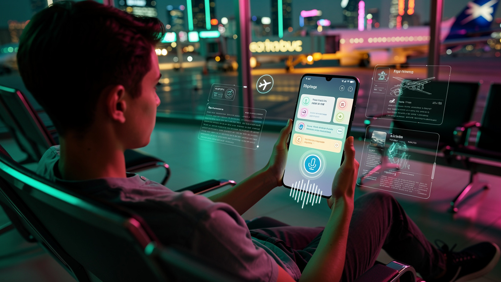 IA e automação de voz: transformando a experiência do cliente no turismo — Uma tela de smartphone mostrando um aplicativo de viagens com um chatbot de IA integrado. O chatbot está respondendo a uma pe
