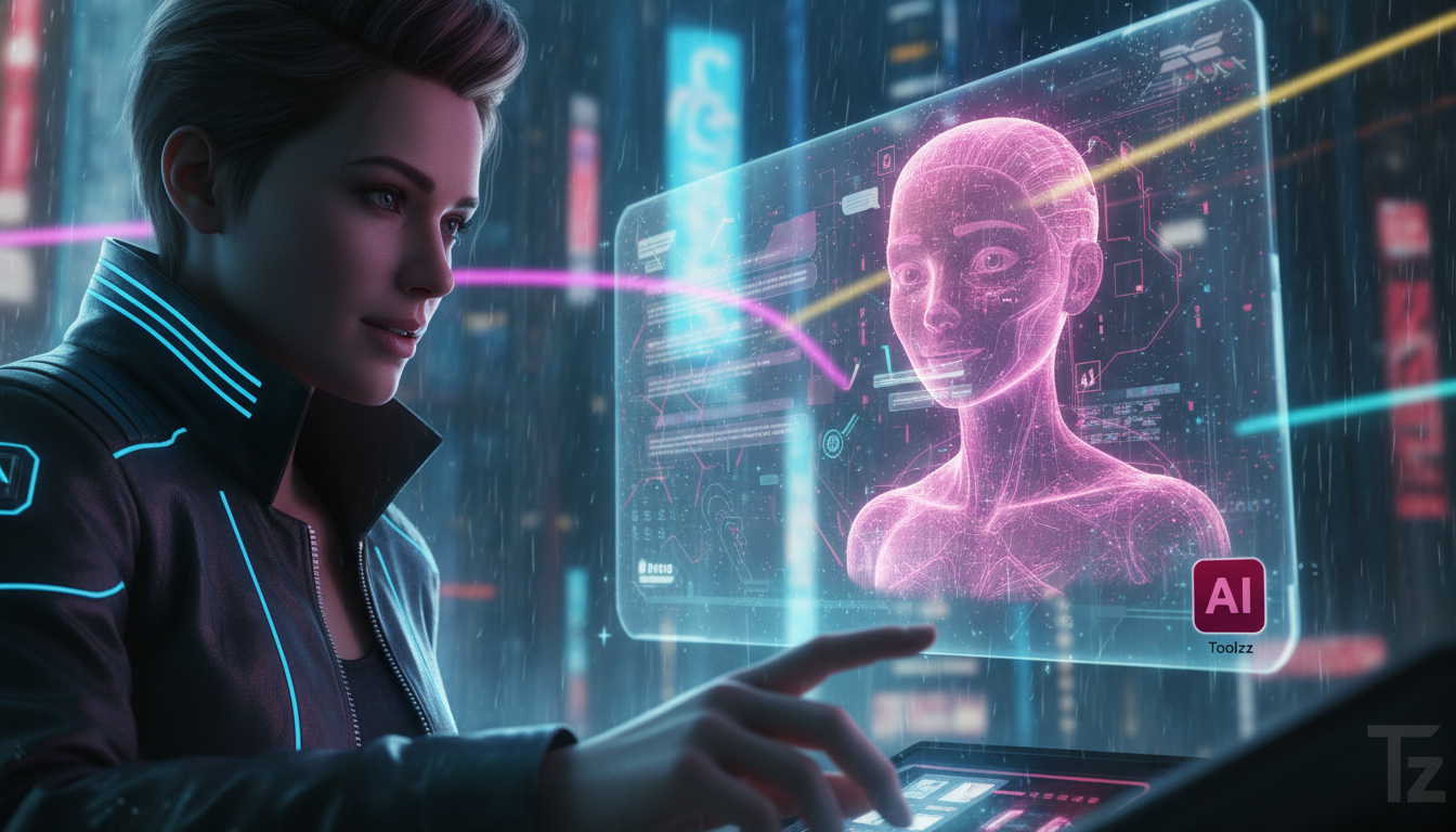 IA e Automação Inteligente: Tendências para Empresas — Um close-up estilizado de um agente de IA personalizado (avatar) interagindo com um usuário através de uma interface de chat moderna e minimalist