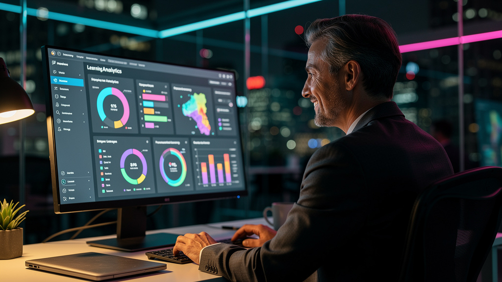 IA e Automação na Educação Corporativa: O Futuro do LXP — Um profissional de RH, em seu escritório iluminado, sorrindo enquanto observa um painel de controle intuitivo que exibe dados de aprendizado d