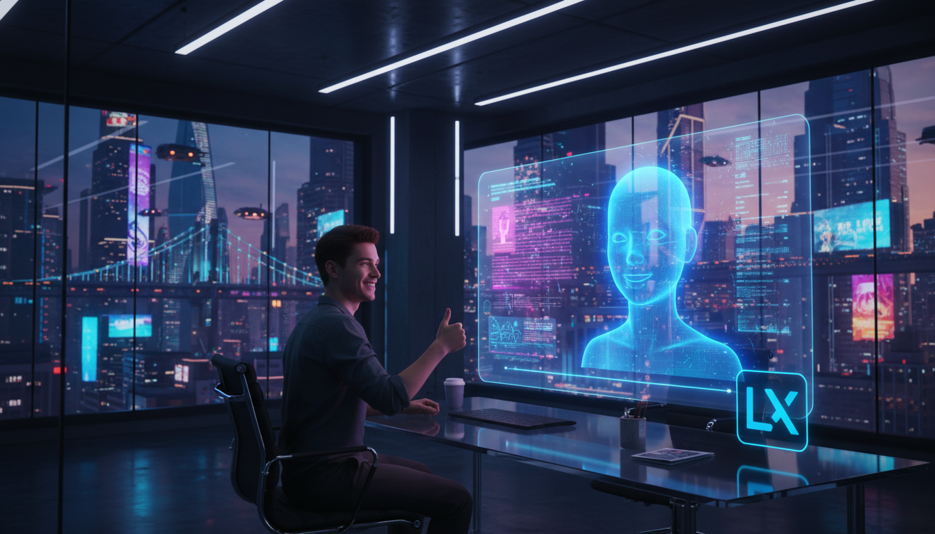 IA e Automação: O Futuro da Educação Corporativa — Um agente de IA, visualizado como um avatar amigável em uma tela, interagindo com um colaborador em um ambiente de escritório. O colaborador está sor