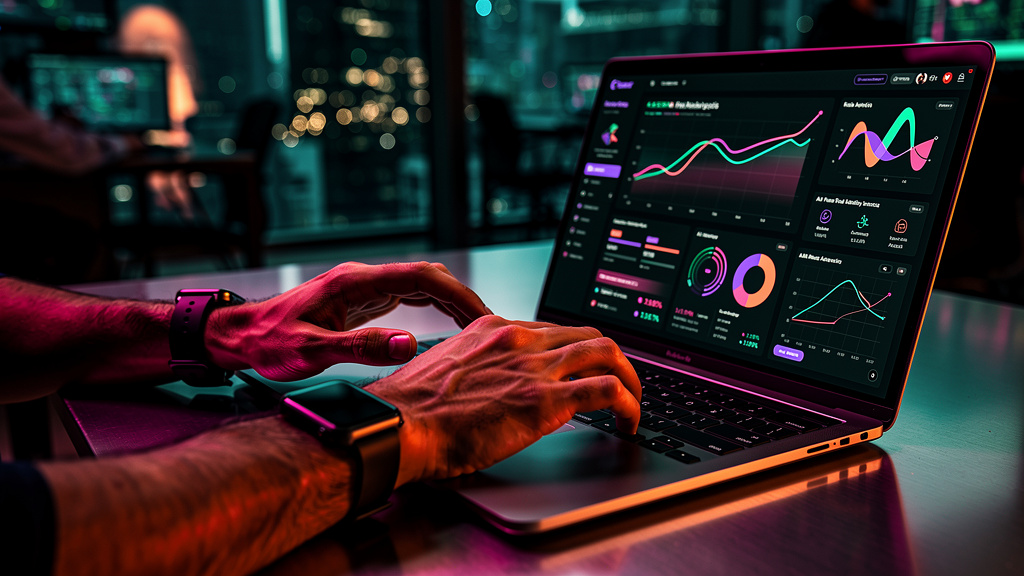 IA e Automação: Revolucionando o Setor de Serviços Financeiros — Um close-up das mãos de um analista financeiro usando um laptop. O laptop mostra um dashboard com gráficos de análise de risco e alerta