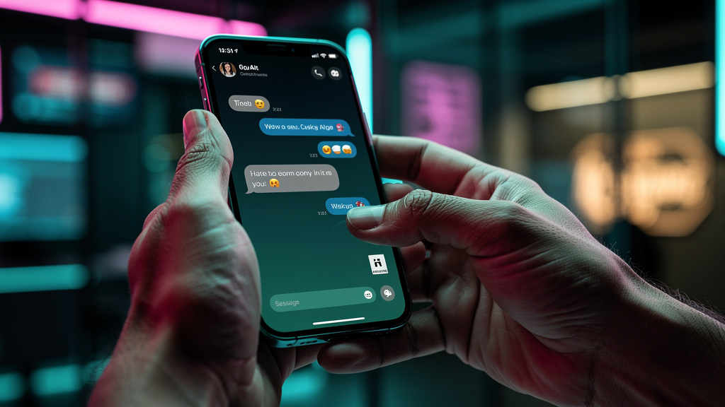IA e Chatbots: Otimize o Atendimento ao Cliente e Reduza Custos — Um close-up das mãos de um cliente digitando em um smartphone. Na tela do smartphone, uma conversa de chatbot com o logo da Toolzz apa