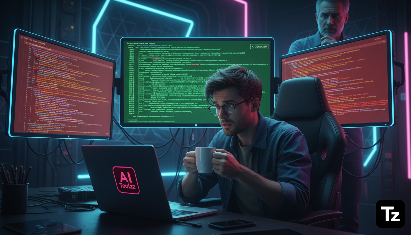 IA e Desenvolvimento de Software: A Importância da Expertise Humana — Um desenvolvedor júnior, sentado em uma cadeira ergonômica em frente a três monitores. Um monitor exibe código gerado por IA, enqu
