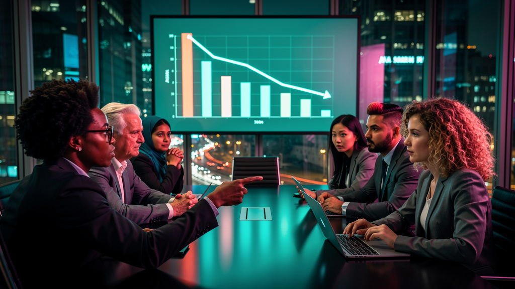 IA e Diversidade: Um Novo Desafio para Empresas? — Uma mesa de reunião moderna, com pessoas de diversas origens étnicas e de gênero discutindo em frente a um monitor grande. O monitor exibe um gráfico