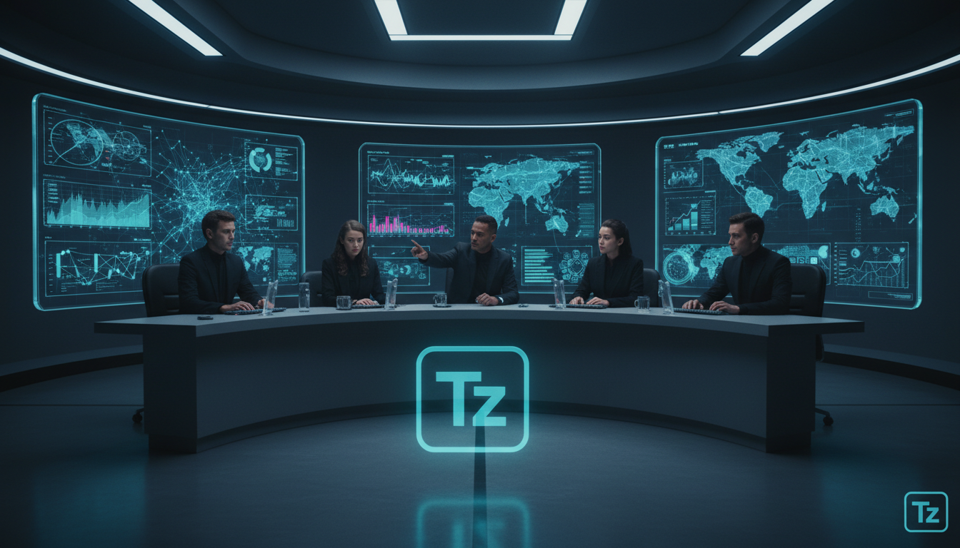 IA e o Futuro da Riqueza: Como a Toolzz Impulsiona a Inovação — Uma sala de controle moderna e elegante, com telas exibindo dados complexos e gráficos em tempo real. Uma equipe diversificada de analis