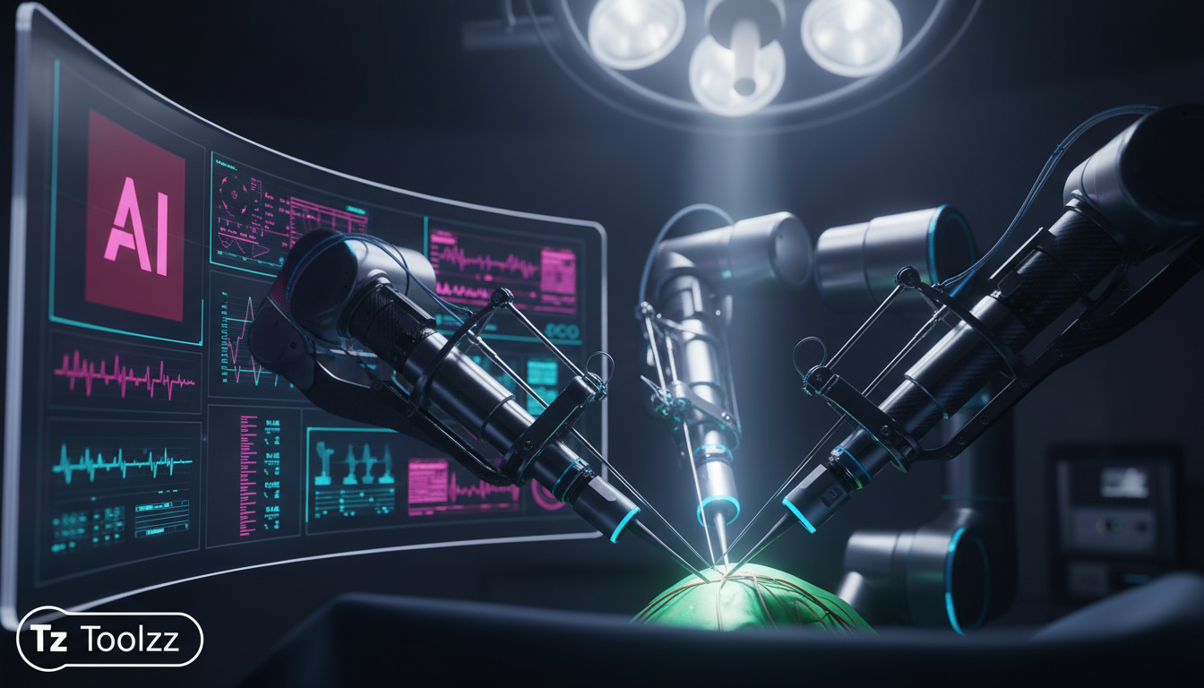 IA e o Futuro das Empresas: Adaptação ou Extinção? — Um close-up das mãos de um cirurgião robótico realizando uma cirurgia complexa, com monitores exibindo dados da Toolzz AI em tempo real. A iluminaç