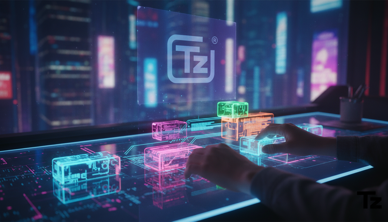 IA e o Futuro do Trabalho: Como se Adaptar — Close-up das mãos de um programador, não digitando em um teclado, mas manipulando blocos de código coloridos em uma mesa digital. Os blocos se encaixam com