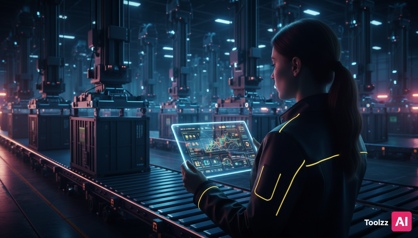 IA e o Futuro do Trabalho: O que Esperar? — Um armazém automatizado com robôs industriais movendo caixas. Um supervisor humano observa a operação em um tablet, mostrando dados de otimização da Toolzz.