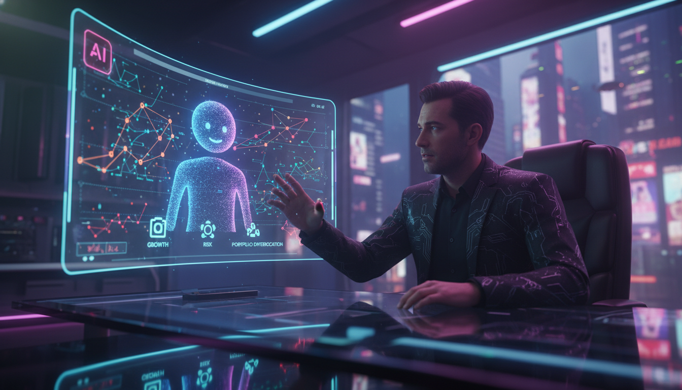 IA e o Futuro dos Investimentos: Estratégias para Empresas — Um agente de IA no formato de um assistente pessoal digital, com uma interface amigável e visualmente atraente, ajudando um analista financ