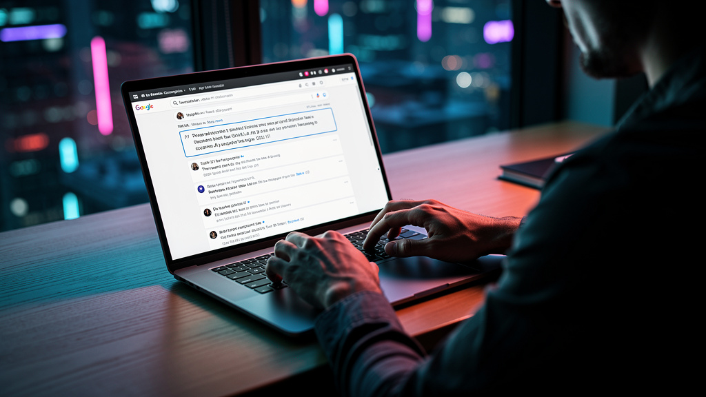 IA e SEO para Contabilidade: Domine o Google com Blog IA — Um usuário digitando uma pergunta complexa sobre impostos em um mecanismo de busca do Google em seu laptop. A tela exibe um 'featured snippet
