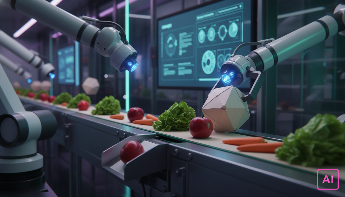 IA e Sustentabilidade: Como a Inteligência Artificial Impulsiona Empresas — Uma linha de produção moderna em uma fábrica de alimentos, onde braços robóticos equipados com IA inspecionam frutas e veget