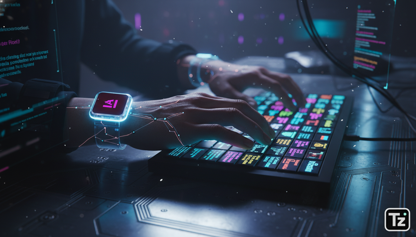 IA e Wikipedia: Desafios na Criação de Conteúdo e o Futuro da Colaboração — Close-up de mãos digitando em um teclado onde as teclas são substituídas por pequenas telas LCD exibindo trechos de artigos 