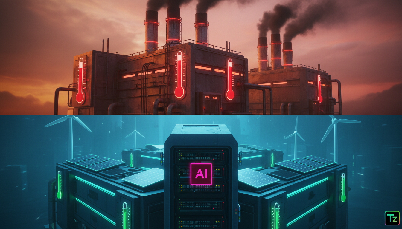 IA Eficiente: Reduzindo o Consumo de Energia sem Perder Performance — Infográfico comparando o consumo de energia de data centers tradicionais com data centers otimizados por IA neuro-simbólica. Layou