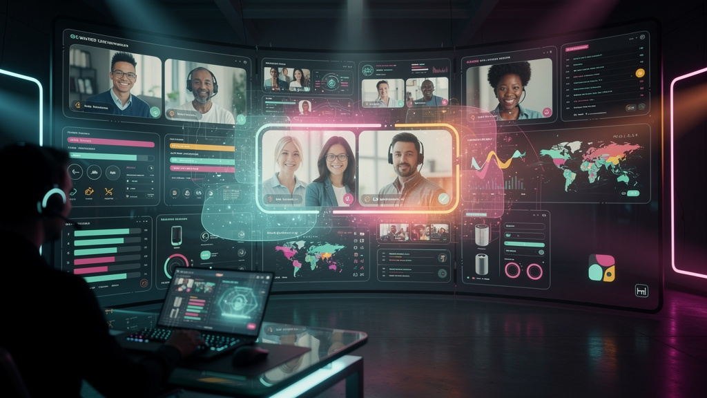 IA em Empresas: Tendências, Automação e Agentes Inteligentes — Uma representação visual de um agente de IA trabalhando em um call center. Em vez de mostrar um robô, imagine uma tela grande dividida em